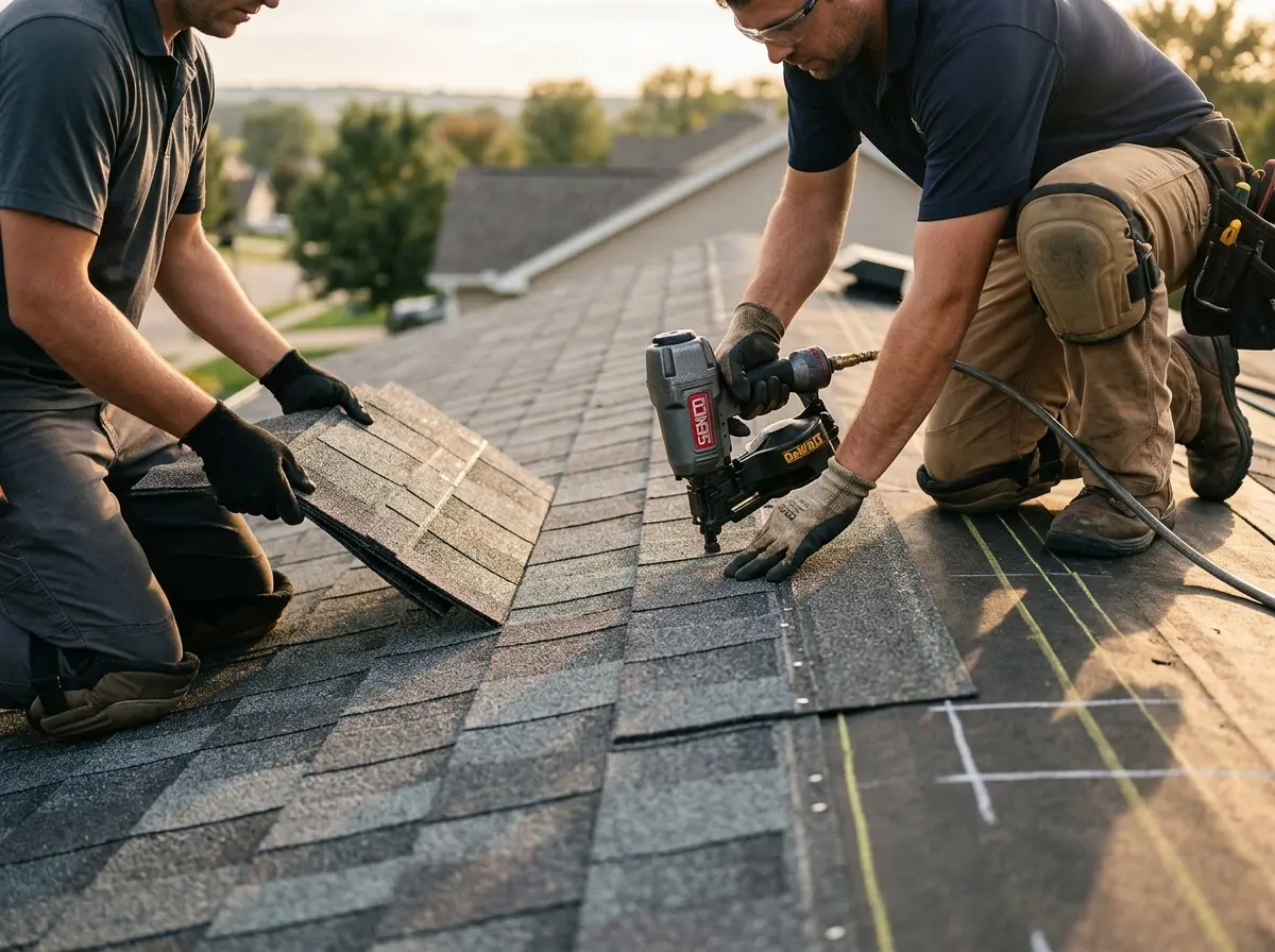 Professional roofer working on a residential roof in Waggaman